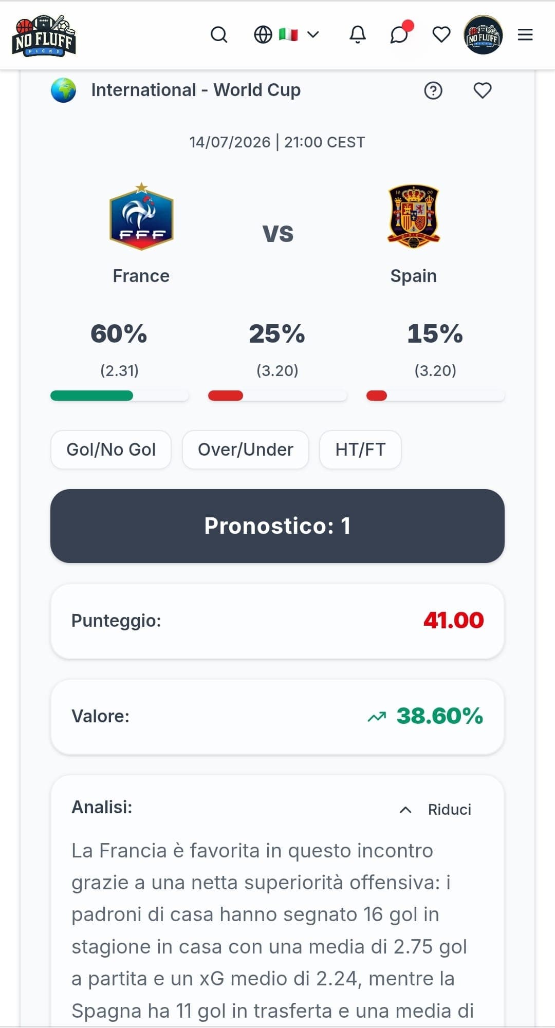 NoFluffPicks app match analysis - it